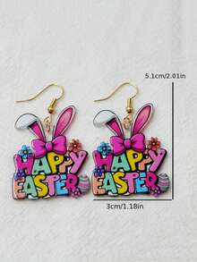 1 Pair Fashion Creative Easter Happy Rabbit Earrings | Letter Print Rabbit Drop Earrings, Acrylic With Alloy Ear Needle, Suitable For Daily And Festive Occasions - Multicolor - View 2