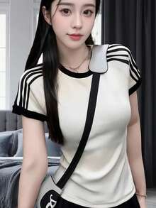 4-Stripe Women's Student White Simple Street Style Casual Commute Personalized Y2K Fitted Waist Sexy Round Neck Short Sleeve T-Shirt, Spring/Summer - White - View 6