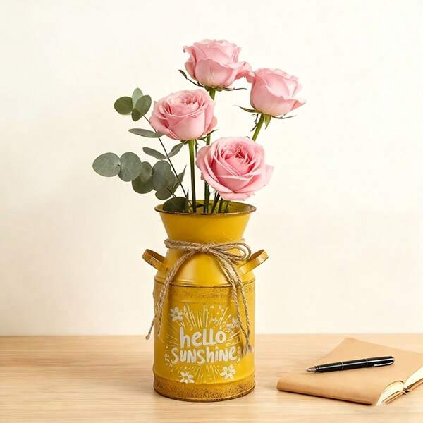 Vibrant Yellow "HELLO SUNSHINE" Metal Vase, Rustic Rope Milk Jug Flower Bucket, Desk, Windowsill, Dried/Fresh Flower Decor. Suitable For Desks, Windowsills, Dining Tables Or Entryways, Instantly Boosts Vitality In Spaces With Styles Like Farmhouse, Minimalist, And More.