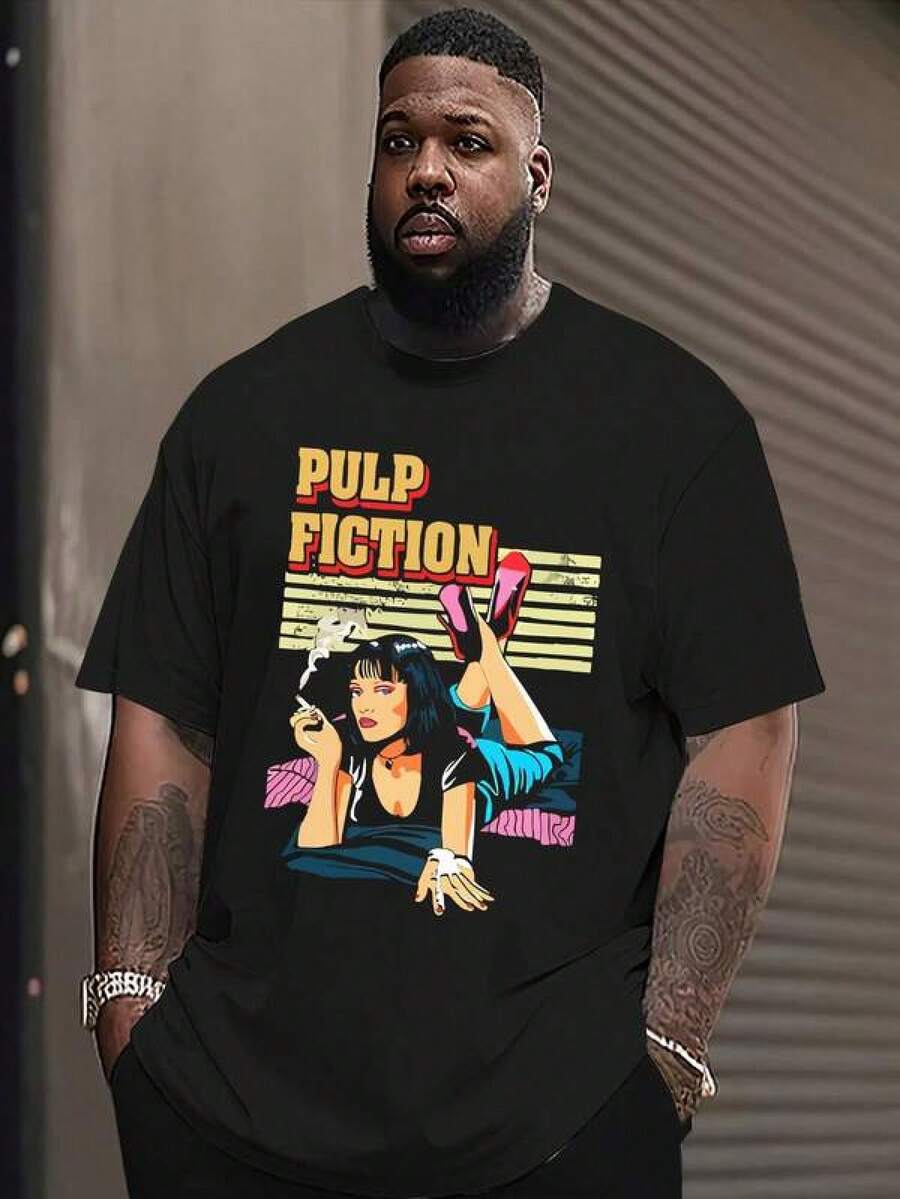 Mens Tshirts Shirts Plus Size Men Summer Casual Round Neck Short Sleeve T-Shirt With Human Figure & Letter Print Men's Pure Cotton T-Shirt Effortless Styling, Showcase Your Unique Style Men's Fashion Print Casual T-Shirt Casual Summer T-Shirt, Comfortable Outdoor Casual Wear - 黑色 - 查看 1