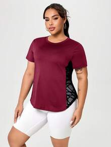 Camiseta de manga corta de mujer talla grande, casual y deportiva, con parches de malla, para verano - Burdeos - Ver 6