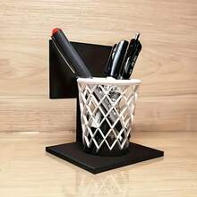 1pc 3D Printed Basketball Hoop Pen Holder - Creative Desktop Organizer, Black Base With White Grid Design. Suitable As A Gift For Home, School Or Office. Space-Saving Decorative Accessory. - Black and White - View 3