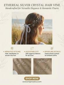 Băng đô đính pha lê kèm ruy băng, phụ kiện đội đầu cô dâu màu bạc thanh lịch, phù hợp cho đám cưới, dạ hội và chụp ảnh. - Bạc - Xem 7