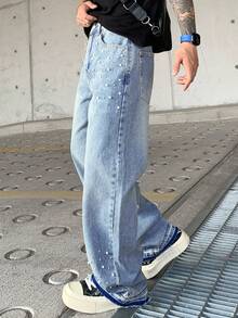 Men's Loose Fit Washed Faded Denim Jeans, Wide Leg Relaxed Gothic Rock Street Fashion Design, Suitable For All Seasons - Blue - View 4