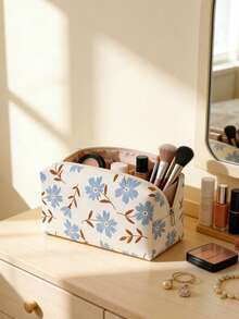 1pc Portable Floral Pattern Octagonal Velvet Cosmetic Bag, Double-Sided Printed Multi-Functional Toiletry Organizer - Multicolor - View 1