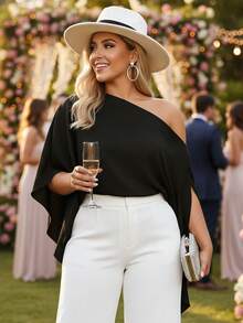 Women's Plus Size Flowy Tops Fashionable Solid Color Batwing Sleeve Off One Shoulder Loose Fit Blouse For Casual Daily Wear - màu đen - Xem 6