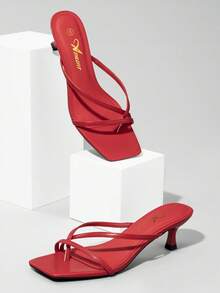 Athlefit Women's Strappy Kitten Heels Flip Flops Square Open Toe Low Heels Fashion Party Dress Thong Heeled Sandals - 紅色 - 查看 5