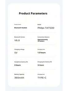 Philips' new TAT1220 true wireless Bluetooth headset semi-in-ear noise canceling high sound quality sports game long battery life for boys and girls couples - 均碼 - 查看 8