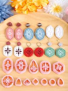 Geometric Flower Polymer Clay Cutter Kits, Boho Elegant Flower Shape Polymer Clay Cutters For DIY Earring Jewelry Making, High-Precision Plastic Crafting Molds Sets - Pink Clay Cutters - View 9
