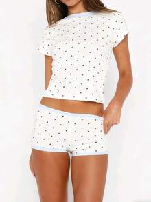Women's Polka Dot Contrast Trim Loungewear Set - Sleeve Cropped Tee  Shorts Pajama Set With For Summer Cozy Home  Casual Relaxation - 白色 - 查看 2