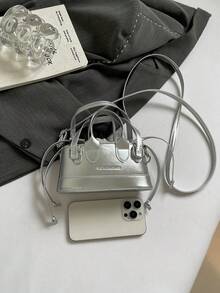 Bolso de mano y bandolera tipo cubo para maquillaje con estampado de cocodrilo miniatura - Plateado - Ver 7