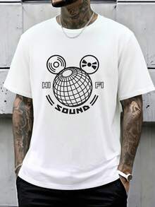 Disney 男士T恤，街头时尚音乐T恤，印有米老鼠头像、黑胶唱片和地球图案。街头风上衣，节日主题设计，适合日常穿着、男士时尚搭配和节日活动。 - 白色 - 查看 1