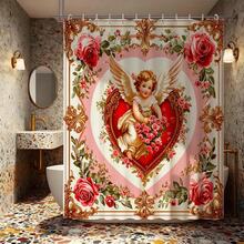 ستارة دش بتصميم قلب كيوبيد الورد الأنيق مع خطافات، ستارة حمام رومانسية فيكتورية، ستارة حمام مزينة بإطار كيوبيد والزهور لديكور حمام عيد الحب، إكسسوارات حمام فاخرة باللون الذهبي، لوازم حمام منزلية أنيقة كلاسيكية، ستارة حمام احتفالية رسمية، ديكور منزلي لا يزول، ستارة حمام فاخرة عالية الجودة - أحمر وأبيض - مشاهدة 8