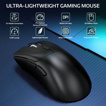 ATTACK SHARK ATTRCK SHRK R1 59g Lightweight Wireless Gaming Mouse, With Anti-Slip Grip, Supports 2.4GHz/Bluetooth/Wired Connection, 6-Level Adjustable DPI Up To 18000, Equipped With PAW3311 Sensor