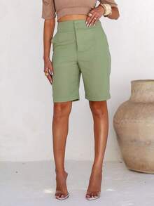 Linen Bermuda Shorts With A Modern Design, Featuring Pockets And Covered Buttons. - Xanh xô thơm - Xem 1