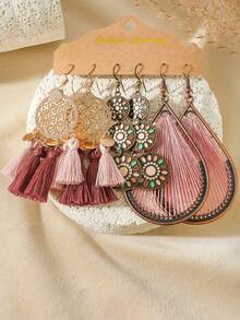 TopHanqi Bohemian Vintage Vacation Style Women's Earring Set, Multicolor Geometric Alloy Pendant Earrings With Tassel, Drop-Shaped, Round-Shaped, Coiled Wire Design, Fashionable Accessories For Parties, Work, Date, Street Snap, All Seasons - Multicolor - View 6