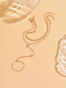 2pcs Set Elegant Sparkling Cubic Zirconia Multi-Layer Stackable Ring & Bracelet Set, Suitable For Women's Daily Wear, Nightclub Party, Gathering And Other Occasions - Gold - View 3