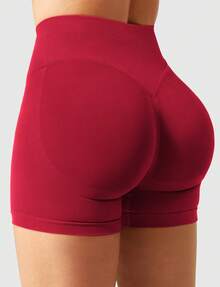 VOYJOY Women Workout Gym Impact Shorts Elieen Hidden Scrunch Butt Lifting Mid Low Waist 4.5" Seamless Shorts  Gym Shorts Black Shorts  Gym Shorts For Women Summer Women Clothes Pink Shorts  Summer Shorts For Women - 正紅色 - 查看 3