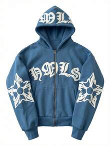 Y2K Gothic Punk Fashion Zipper Hoodie For Women With Snowflake Pattern And Letter Print Design Warm Fall Winter Jacket, Versatile Daily Wear, Back ToSchool, Graduation, Teacher Attire, Outdoor Fitness,Running, Valentine'S Day, Christmas Party - 藍色 - 查看 7