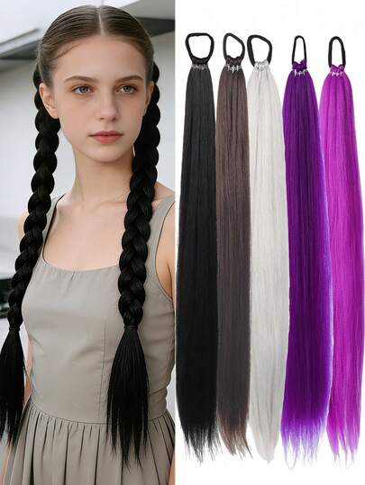 28 Inch Long Straight Synthetic Fiber Ponytail Hair Extensions, Braided Ponytail Extensions, Multi-Functional Elastic Band, Elegant Black Wig, Natural Soft Fiber, Suitable For Multiple Skin Tones