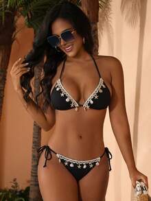 New Soft Spaghetti Straps Halter Open Back Shell Decor Swimwear Set Vacation Beach Black Summer - Black - View 4