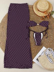 Polovedo官方新款春夏性感优雅休闲棕紫色波点印花三件套泳衣，适合海滩、约会、度假、派对等场合。随机印花，非定位印花。 - 彩色 - 查看 2