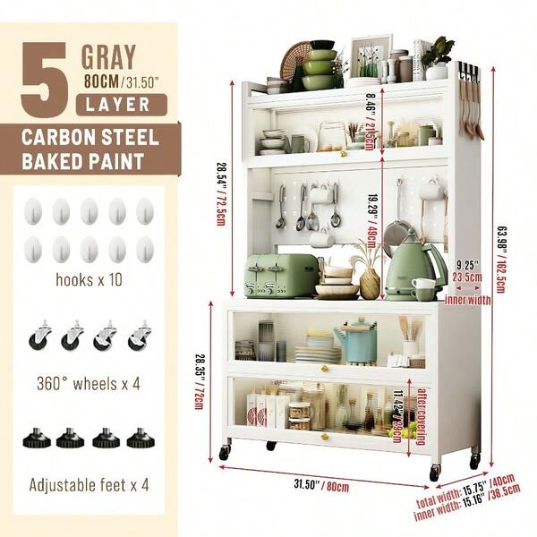 65'' Tall Kitchen Bakers Rack With Flip Door Cabinet, 5 Tier Multifunctional Microwave Stand Buffet, Coffee Bar, Kitchen Pantry Storage Cabinet Shelf, Quick Assembly, White