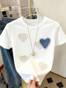 Women's Tops Cartoon Pearl Heart Pattern Print, Slim Fit Comfortable, Suitable For All Seasons, Suitable For Daily Commuting Women's Casual T-Shirt Loose And Comfortable Spring Summer Clothes - 白色 - 查看 2
