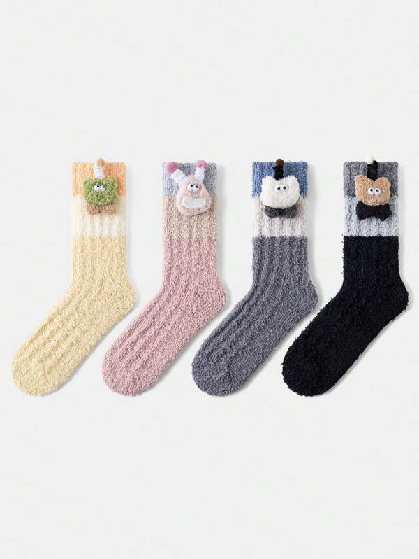 4 Pairs Unisex Funny Cartoon Fashion Glasses & Hat Pattern Thick Warm Socks, Suitable For Home, Office, Holidays, Gifts