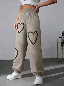 Heart Print Sporty Women's Drawstring Pants, Casual Commuter Slim Fit Lightweight Polyester Jogger Pants For Summer Spring - Khaki - View 2
