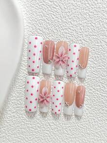 10件套甜美可爱凝胶美甲套装，包含亚克力美甲贴纸、手绘浅粉色波点图案、5瓣渐变粉色花朵美甲装饰、白色指甲油，以及美甲工具（1张果冻贴纸+1个指甲锉）。提供杏仁形、鸭嘴形和棺材形三种甲型，适合日常、派对、拍照、办公等各种场合，是送给女性和女孩的绝佳礼物。 - 彩色 - 查看 15