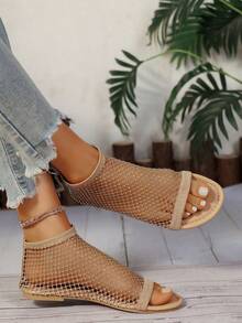 2025 Round Toe Flat Hollow Peep Toe Open Toe Rhinestone Sandals, Women Plus Size Casual Fishnet Breathable Slip-On Elastic Band Rhinestone Slouchy Shoes, In Stock - Gold - View 3