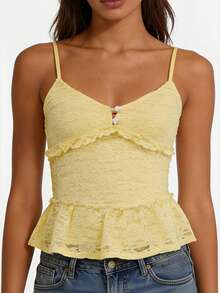 Women Lace Camisole, Sleeveless Tops Low-cut Backless Slim Fit Summer Tops Clubwear - Amarillo - Ver 4
