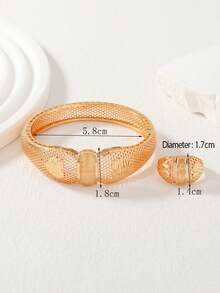 2pcs Rose Gold Plated Grid Flower Bangle & Ring Set, Heart Matte Textured Bracelet & Ring Jewelry Set, Daily Stacking, Ideal Gift For Ramadan - Rose Gold - View 4