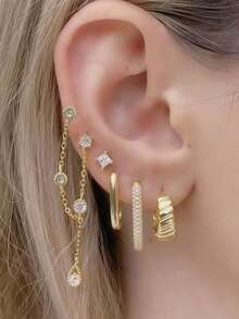 5Pcs Dainty Gold Earrings Set For Women, Cubic Zirconia Chain Drop Earrings & Huggie Hoops, Jewelry For Party & Date Night - Yellow Gold - View 1