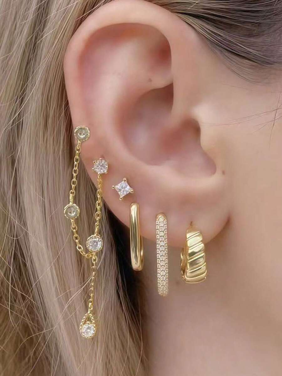 5Pcs Dainty Gold Earrings Set For Women, Cubic Zirconia Chain Drop Earrings & Huggie Hoops, Jewelry For Party & Date Night - Yellow Gold - View 1