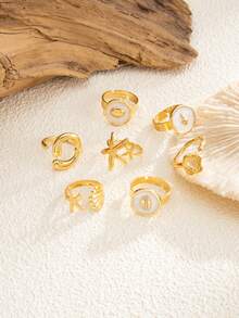 Set de 7 piezas de anillos con diseños geométricos exagerados de temas marinos - concha, estrella de mar, vieira, anillos apilables metálicos, lujosos, adecuados para boda, fiesta, playa, estilo casual, mujeres, parejas, vacaciones, regalo de cumpleaños - Dorado - Ver 5