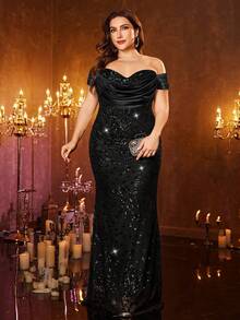 Đầm maxi ôm sát cơ thể hở vai, lưng hở, đính sequin, phối nhiều mảnh dành cho nữ cỡ lớn - màu đen - Xem 5