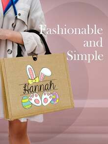 Customized Easter Canvas Tote Bag With Name, Easter Egg Hunt, Personalized Easter Gift, Burlap Bag With Easter Bunny Print, This Is A Printed Product - Multicolor - View 2