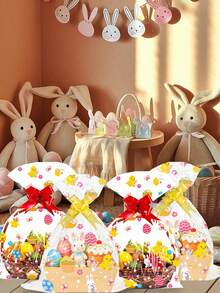 10个50*70厘米复活节透明礼品袋，印有兔子、小鸡、彩蛋图案，配红/黄丝带，可用于礼品包装、复活节篮子包装、彩蛋包装等，适用于复活节、节日派对、主题活动和生日派对。 - 彩色 - 查看 1