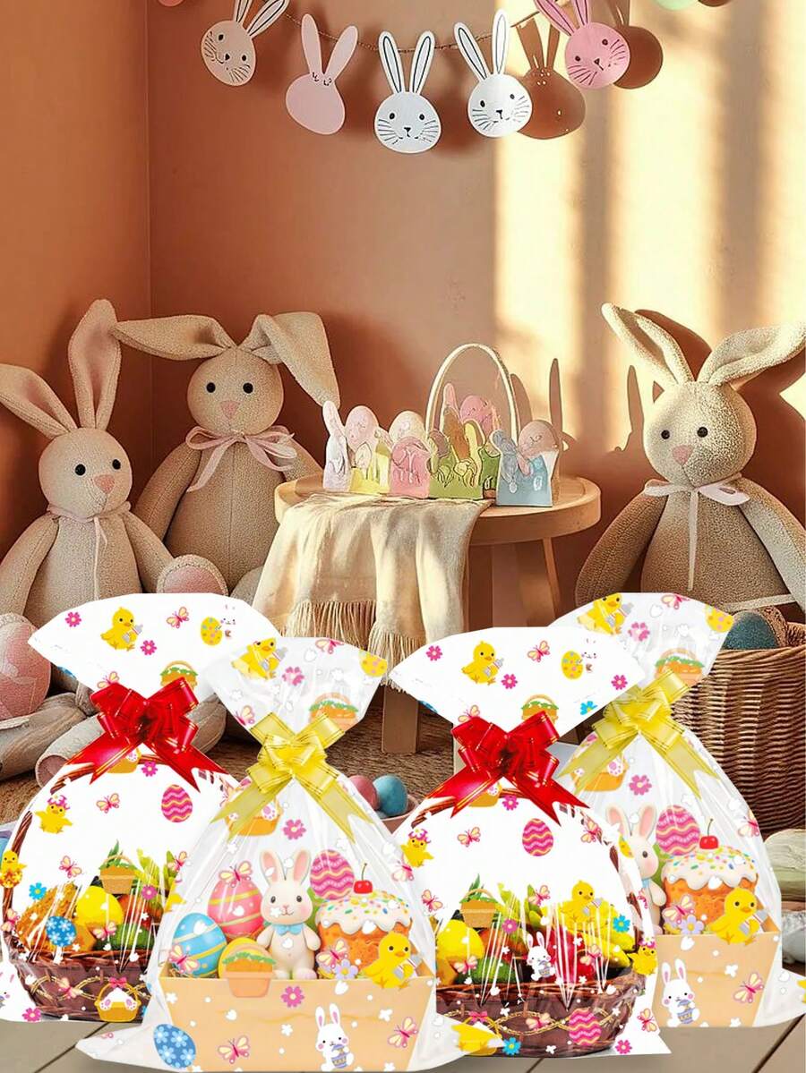 10个50*70厘米复活节透明礼品袋，印有兔子、小鸡、彩蛋图案，配红/黄丝带，可用于礼品包装、复活节篮子包装、彩蛋包装等，适用于复活节、节日派对、主题活动和生日派对。 - 彩色 - 查看 1
