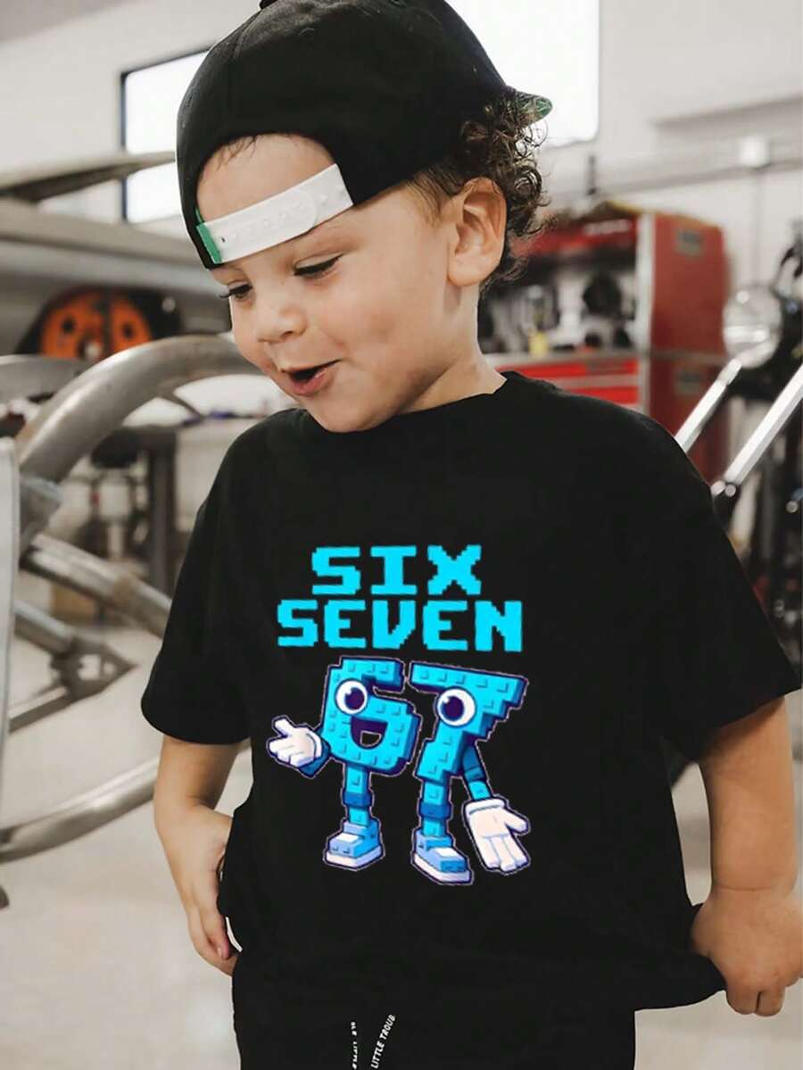 男童休闲印花圆领短袖T恤，夏季上衣 - 黑色 - 查看 1