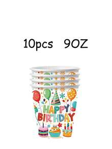 50件套彩色生日派对用品 - 气球、纸杯蛋糕和派对帽图案一次性纸盘、纸杯、餐巾纸、节日餐具，是儿童生日和家庭庆祝活动的理想之选，充满活力的生日装饰派对礼品和必备品 - 多色 - 查看 4