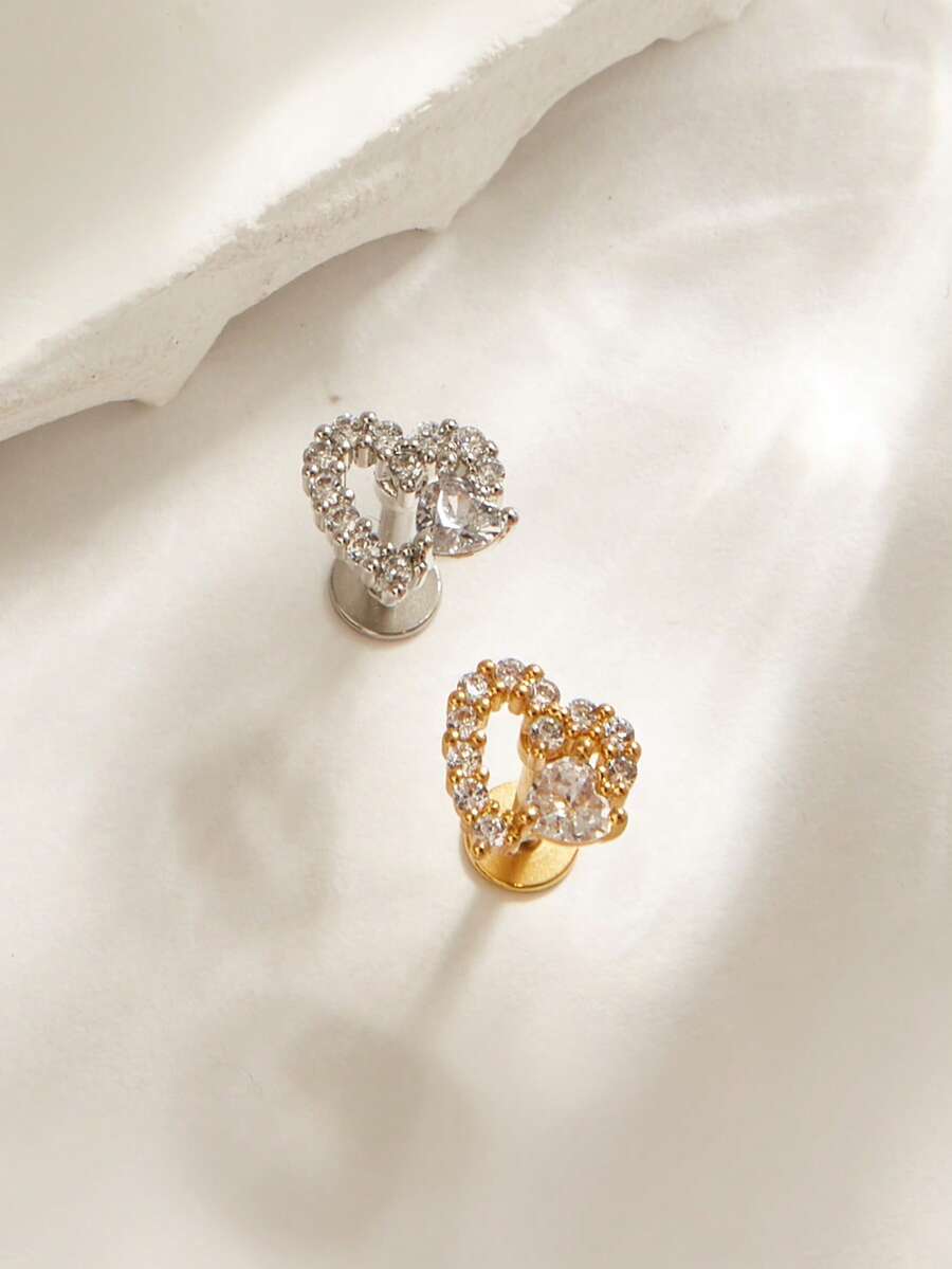 1pc Fashionable Minimalist Luxury Heart Diamond Stainless Steel Stud Earrings, Suitable For Women's Daily Wear - Multicolor - View 1