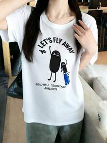200g 100% Cotton T-Shirt, 2026 Women's Summer Fashion Cartoon Character Print Short Sleeve T-Shirt, Couple Style, Underwear/Outerwear, Office Casual Round Neck Short Sleeve Top - White {Fun T-shirt/Women's Summer Clothing} - View 2