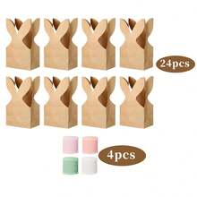 12个/28个/79个（24套）复活节兔子礼品袋，包含兔耳朵牛皮纸袋、4卷丝带、50个彩色绒球棕色兔子图案礼品包装袋，适用于春季生日、复活节礼物、复活节派对装饰。 - 彩色 - 查看 12