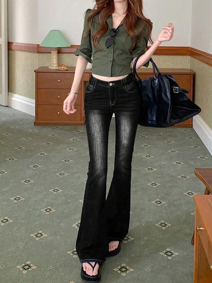 High Waist Retro Slimming Flared Jeans Casual Black Fall