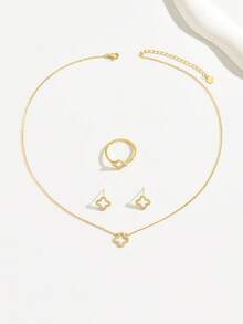 4pcs/Set Fashionable Minimalist S925 Silver Hollow Flower Pendant Necklace, Earrings, Ring Jewelry Set For Women, Daily Wear & Gift - Yellow Gold - View 6