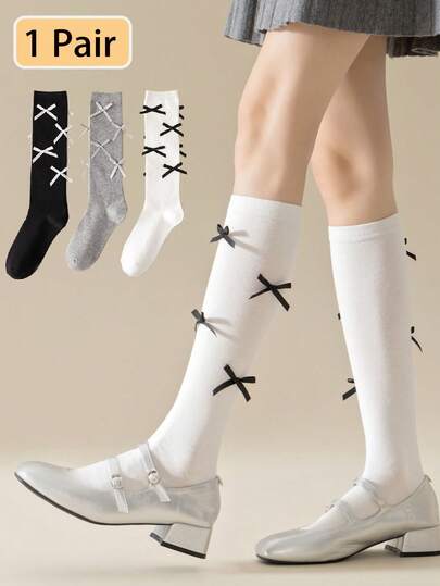 1 Pair Women's Knee High Socks, Colorful Bow Design, Slim Fit, Minimalist Ballet Style Solid Color Socks, Spring/Summer