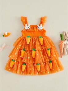 Toddler Girls Easter Tutu Dress Adorable Flying Sleeve Square Neck 3D Carrot Bunny Decorated Tulle Princess Dress - 橘色 - 查看 1